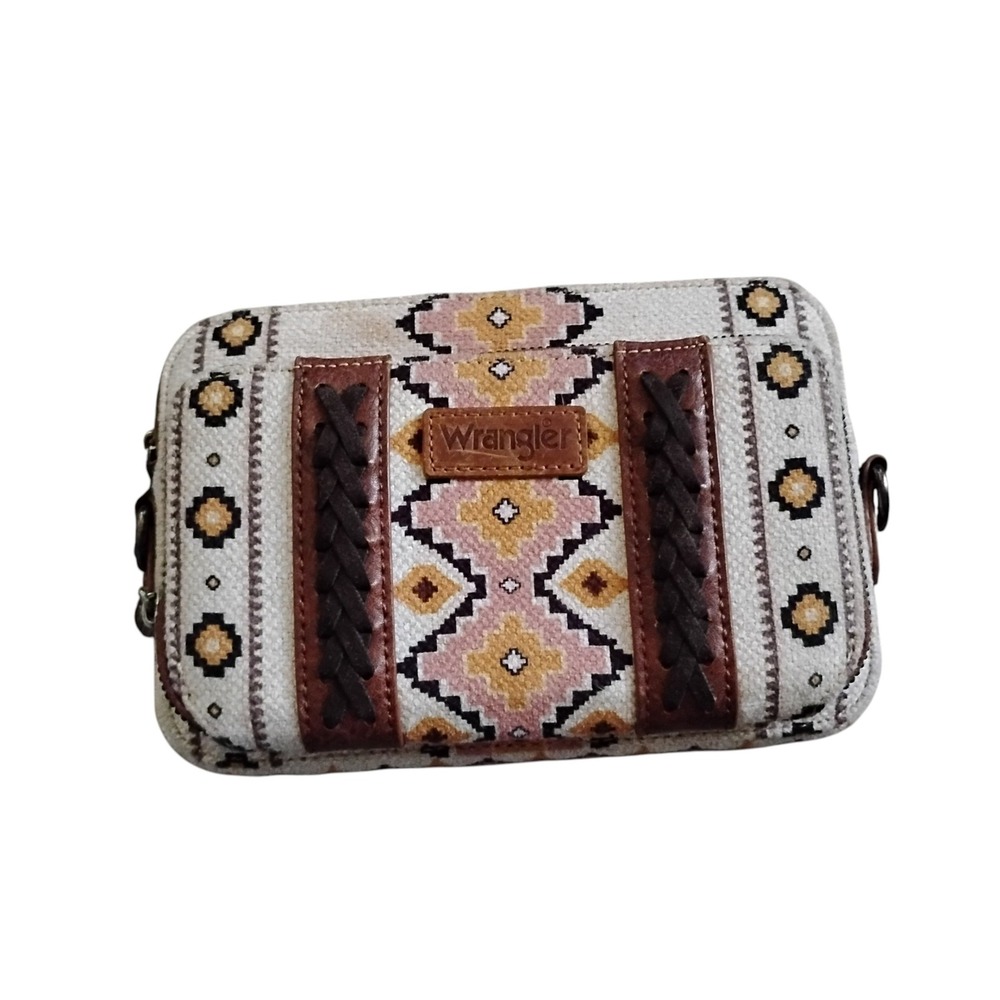 Wrangler Aztec Print Crossbody Bag Brown Faux Leather Western Wallet Purse